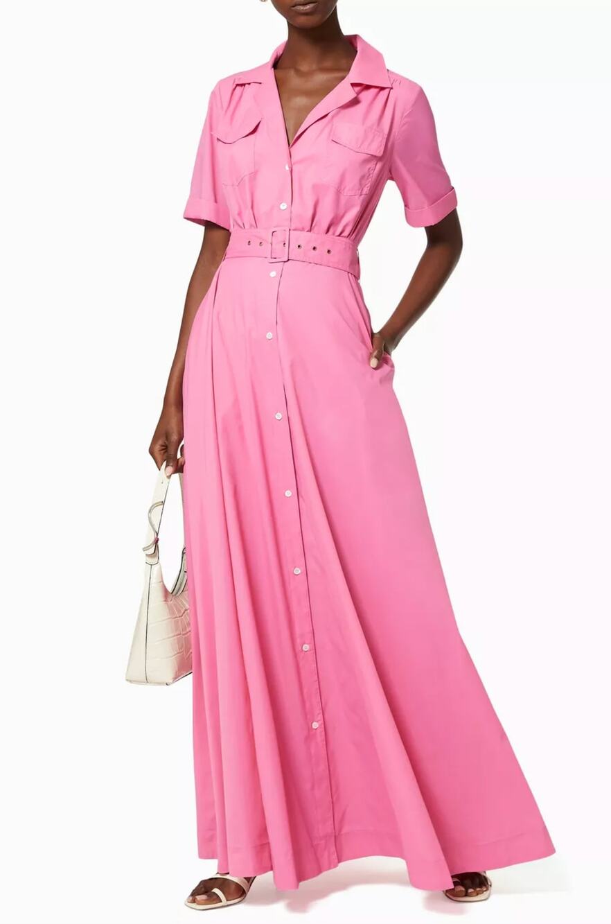 Staud Millie Pink Short Sleeve Belted Nylon Preppy Collared Maxi Dress 4